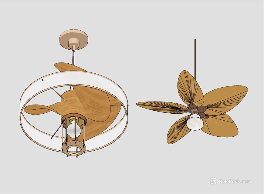 Modern Ceiling Fans With Wooden Blades And Lights In Two Stylish Designs 3d model 