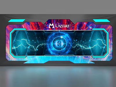 Futuristic Display Shelf Featuring Neon Lightning Blue Red Background Central Circular Design And Vienna Logo 3d model