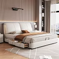 Modern Double Bed With Leather Headboard Storage Drawers And Wooden Panel Wall