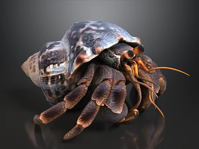 Hermit Crab Carrying Patterned Shell With Brown Claws And Long Antennae 3d model