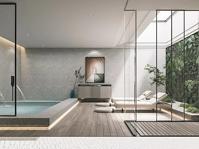 Modern Entertainment Room with Indoor Pool Loungers Glass Walls and Greenery 3d model