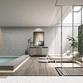 Modern Entertainment Room with Indoor Pool Loungers Glass Walls and Greenery
