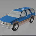 Blue and Brown SUV Toy Model with White Roof Rack and Wheels
