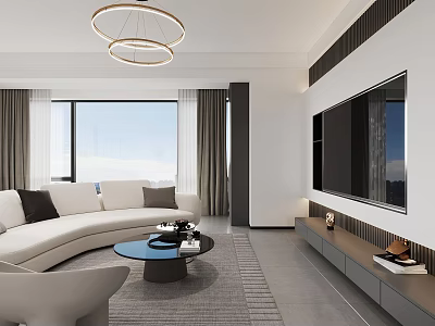 Modern Living Dining Room Interior With Curved Sofa Coffee Table TV Wall And Chandeliers 3d model
