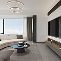 Modern Living Dining Room Interior With Curved Sofa Coffee Table TV Wall And Chandeliers