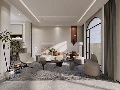 Modern Living and Dining Area with Sofa Coffee Table Chairs Large Window and Decorative Plants 3d model