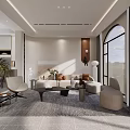 Modern Living and Dining Area with Sofa Coffee Table Chairs Large Window and Decorative Plants