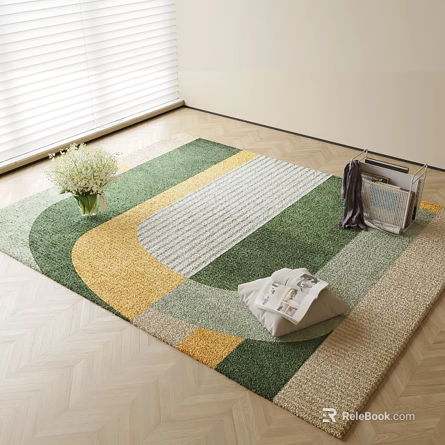 Square Rug with Green Yellow Beige Geometric Pattern White Flowers Magazines on Light Wooden Floor 3d model 
