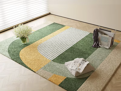 Square Rug with Green Yellow Beige Geometric Pattern White Flowers Magazines on Light Wooden Floor 3d model
