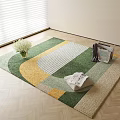 Square Rug with Green Yellow Beige Geometric Pattern White Flowers Magazines on Light Wooden Floor