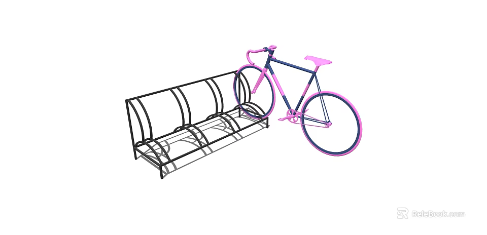 Black Metal Bench With Pink Bicycle In Minimalist Design Setting 3d model 