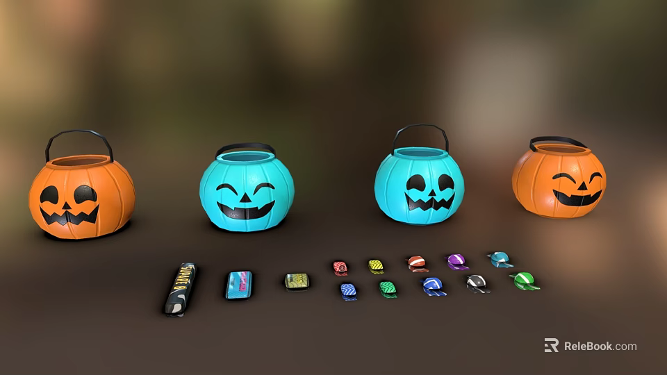 Halloween Pumpkin Shaped Decorative Lights in Orange and Blue with Smiley Faces Design 3d model 