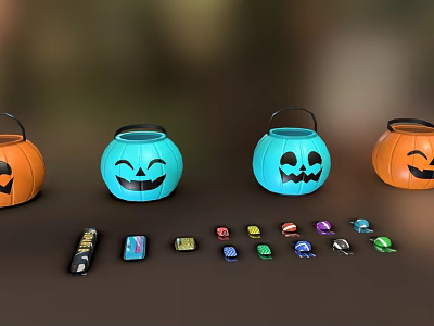 Halloween Pumpkin Shaped Decorative Lights in Orange and Blue with Smiley Faces Design 3d model