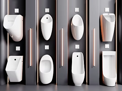 Modern Ceramic Urinals in Row on Dark Wall with Elegant LED Strip Lighting 3d model