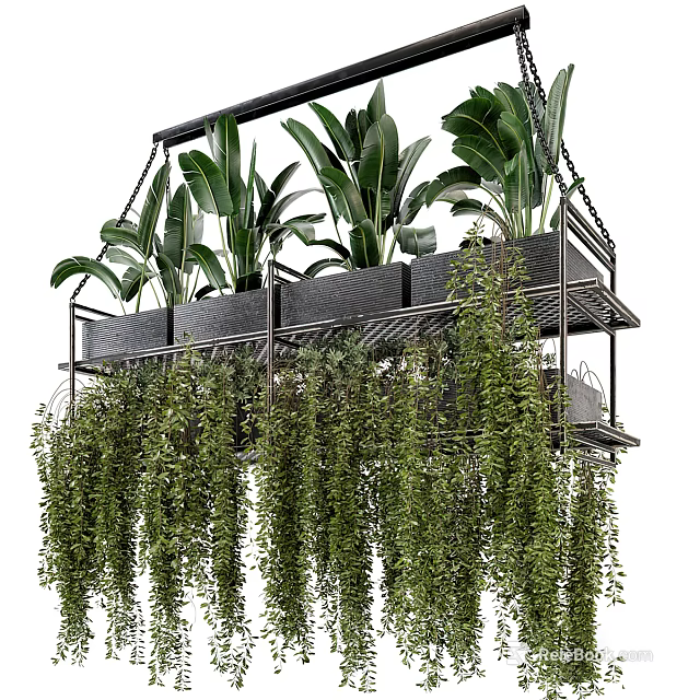 Lush Hanging Basket Plants With Multi Tiered Metal Frame And Cascading Foliage 3d model 