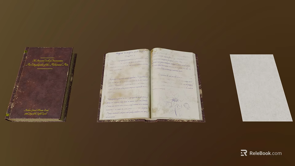 Vintage Open Book With Handwritten Notes And Closed Book Near Blank Paper 3d model 