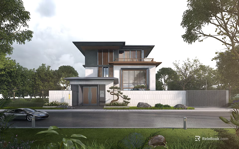 Modern Detached Villa Exterior With Large Windows Roof Design Greenery And Trees 3d model 
