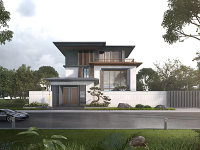 Modern Detached Villa Exterior With Large Windows Roof Design Greenery And Trees 3d model