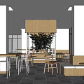 Modern Restaurant Interior With Wooden Counter Green Plant White Pillars And Tables Chairs