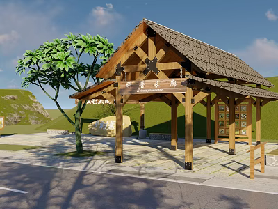 Scenic Garden Landscape With Wooden Pavilion Tile Roof Green Trees And Grassland 3d model