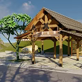 Scenic Garden Landscape With Wooden Pavilion Tile Roof Green Trees And Grassland