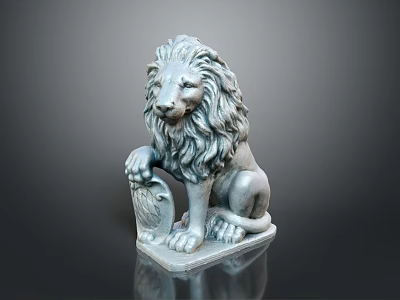 Lion Statue Sitting With Detailed Mane On Square Base Shiny Surface 3d model