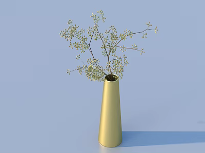 Golden Vase with Branches and Small Green Leaves Against Light Blue Background 3d model