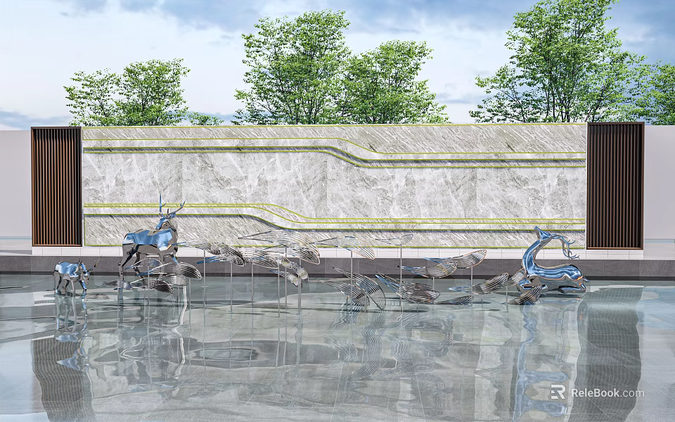 Stone Feature Wall With Golden Lines Green Trees Water Reflection And Deer Sculptures 3d model 