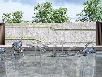 Stone Feature Wall With Golden Lines Green Trees Water Reflection And Deer Sculptures 3d model