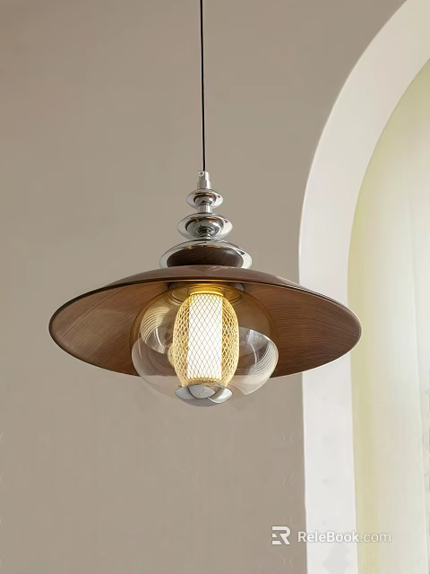 Modern Wooden Shade Pendant Light With Glass Globe Metal Top And Warm Yellow Light 3d model 