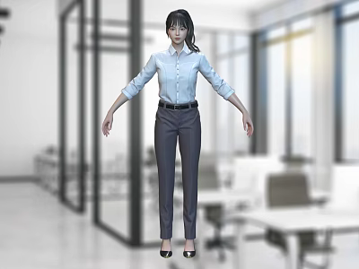 Woman In Light Blue Shirt Standing In Modern Office With Glass Partitions Desks And Chairs 3d model