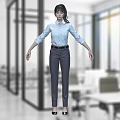 Woman In Light Blue Shirt Standing In Modern Office With Glass Partitions Desks And Chairs