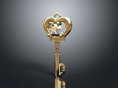 Golden Key With Crown Shaped Top And Transparent Gemstone In Center 3d model