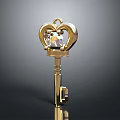 Golden Key With Crown Shaped Top And Transparent Gemstone In Center