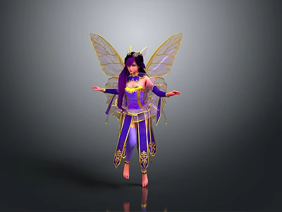 Fantasy Fairy Character With Purple Costume Golden Wings And Outstretched Arms 3d model