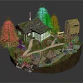 Cartoon Scene with Small House Pine Trees Wooden Water Tower Winding Path and Stream