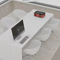 Modern White Office Desk With Computer Monitor Keyboard Mouse And White Chairs