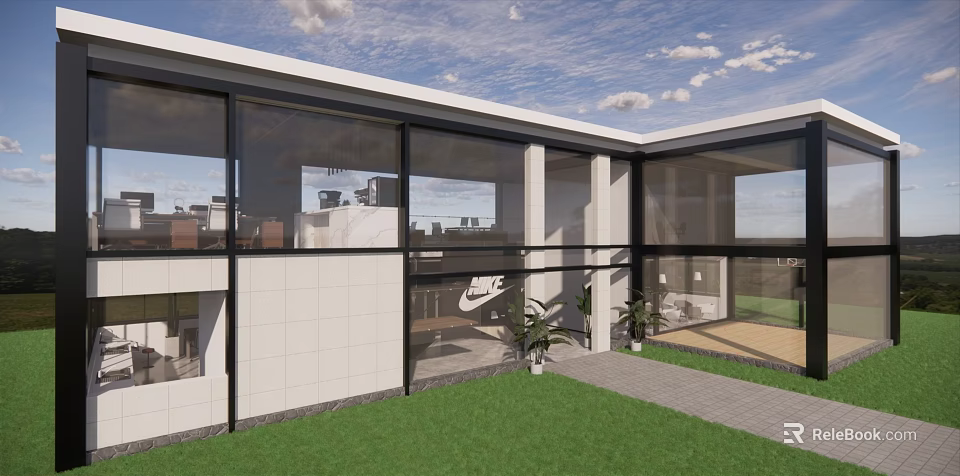 Modern Building Exterior With Large Glass Windows Green Lawn And Outdoor Plants 3d model 