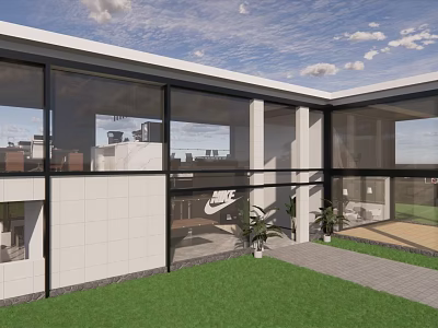 Modern Building Exterior With Large Glass Windows Green Lawn And Outdoor Plants 3d model