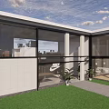 Modern Building Exterior With Large Glass Windows Green Lawn And Outdoor Plants