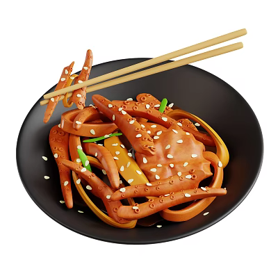 Delicious Crab Claws Noodles With Vegetables Sesame Seeds In Black Bowl And Chopsticks 3d model
