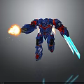 Blue And Red Robot Character Running With Flame And Blue Sword In Motion