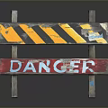 Wooden Danger Sign With Yellow Black Stripes And Red Background Stands On Gray Surface