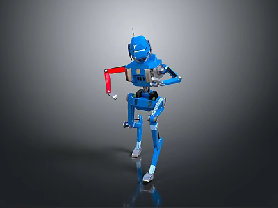 Blue Mechanical Robot Character With Red Arm Standing On Dark Reflective Surface 3d model