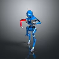 Blue Mechanical Robot Character With Red Arm Standing On Dark Reflective Surface