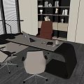 Modern Office Desk Interior With White Chairs Desk Lamp Laptop And Bookshelf