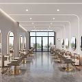 Modern Elegant Beauty Hair Salon Interior With Marble Reception Desk Curved Mirrors And Gold Chairs
