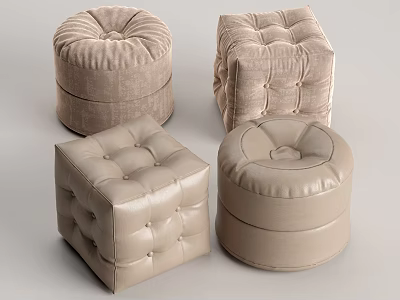 Beige Tufted Ottoman Collection Featuring Round And Square Shapes For Living Room 3d model