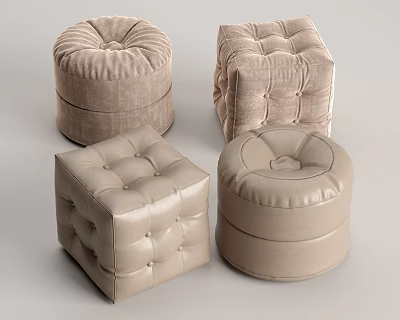 Beige Tufted Ottoman Collection Featuring Round And Square Shapes For Living Room 3d model