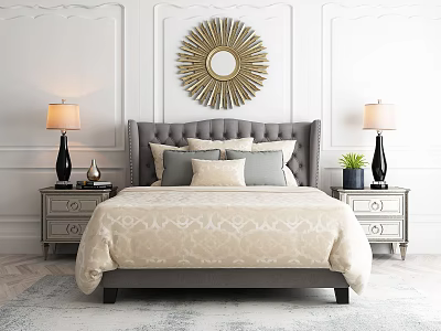 Double Bed With Gray Upholstered Headboard Neutral Pillows And Gold Sunburst Mirror 3d model
